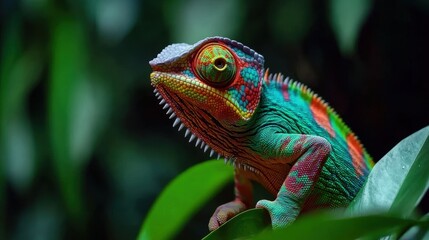 Fototapeta premium Vibrant Chameleon Resting on Green Leaves in Tropical Environment