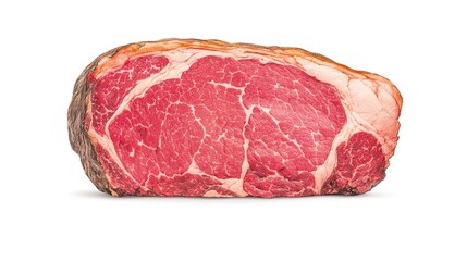 Obraz premium Raw ribeye steak isolated on a white background showing rich marbling and fresh texture.