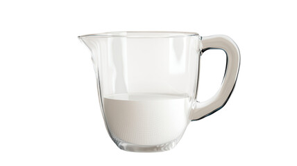 Clear glass measuring cup filled with fresh milk on a transparent background placed in a kitchen setting.