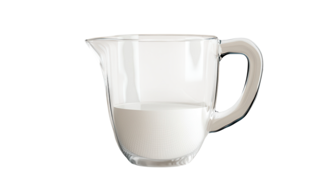 Clear glass measuring cup filled with fresh milk on a transparent background placed in a kitchen setting.