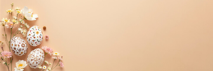 Fototapeta premium Brown and white Easter eggs in boho style with ethnic pattern and flowers on a beige background. The concept of a Happy Easter. Simple spring template, greeting card. Flat lay, top view.