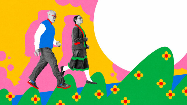 Elderly couple walking joyfully along whimsical path filled with flowers against abstract colorful background. Contemporary art collage. Concept of active elderly lifestyle, wellness. Pop art