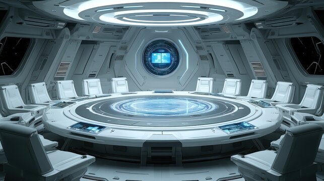 Futuristic spaceship bridge interior with circular table and holographic display.