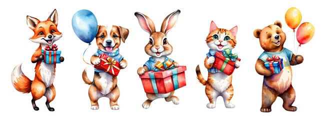 children's cute animals cards, birthday invitations, children's watercolor posters for nursery. cat, dog, for, teddy bear rabbit illustrations isolated on transparent background. clip art and cut out