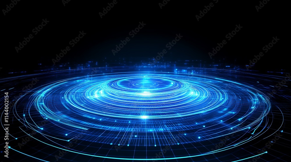 Poster abstract technology background with circular patterns and glowing light effects in blue color