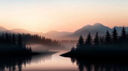 Serene sunset over mountains and river surrounded by tall trees in a tranquil landscape