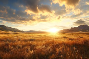Majestic sunset over golden grassland with mountains in the background and dramatic clouds filling the sky