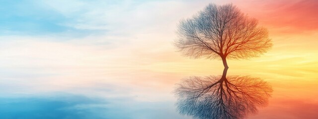 Obraz premium Solitary Tree Silhouette Against Colorful Sunset Reflections in Calm Water with Vibrant Sky and Tranquil Atmosphere