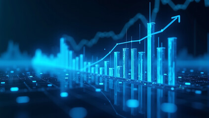 Naklejka premium Business analyst examining financial data and stock market trends, futuristic stock market graph, glowing blue charts, 3D bar graphs