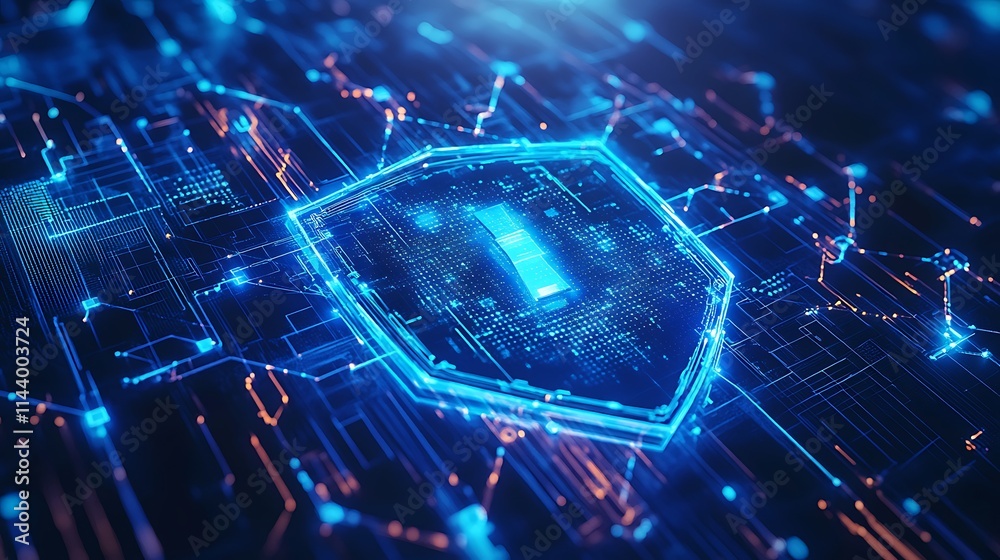 Poster digital security concept with blue hexagonal shield and circuit patterns in modern technology