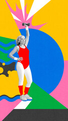 Elderly woman raising dumbbell, training against abstract colorful background. Contemporary art...