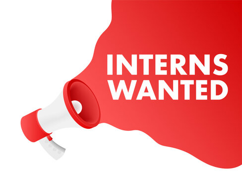 Megaphone announcing interns wanted on red speech bubble