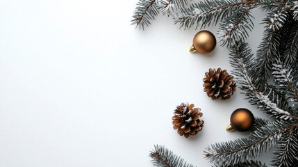 Minimalist Christmas Flat Lay Pine Branches, Ornaments, and Pine Cones on White Background
