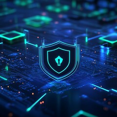 Digital Security Shield Icon on Futuristic Technology Background with Neon Accents