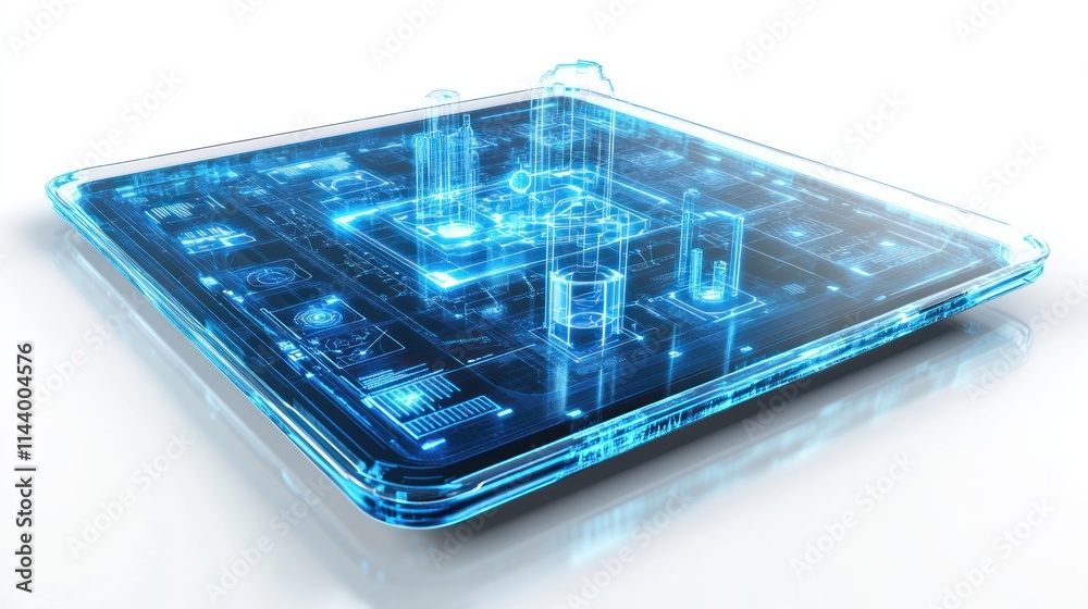 Wall mural futuristic tablet displaying a digital city model with glowing holographic architecture and data vis