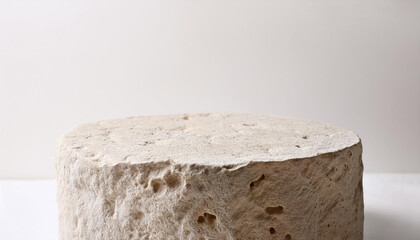 Rough stone podium against white backdrop. Minimalist pedestal. Natural material. Trendy still life.