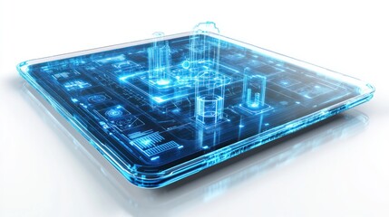 Futuristic tablet displaying a digital city model with glowing holographic architecture and data visualizations.