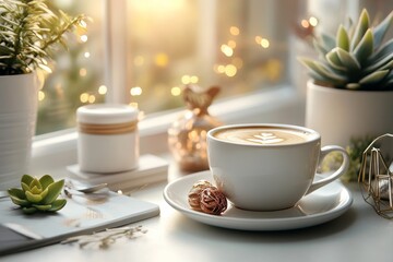 Fototapeta premium Cozy coffee moment with latte art and plants in a bright interior during golden hour