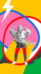 Elderly woman cheerfully exercising with hula hoop against abstract colorful background. Contemporary art collage. Concept of active elderly lifestyle, health care, wellness. Pop art