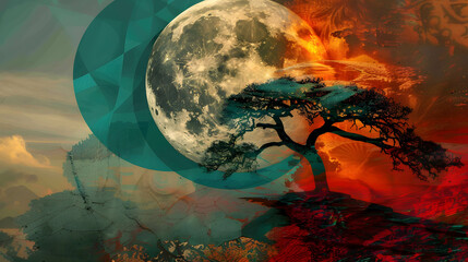 Surreal Moonlit Landscape with Silhouetted Tree..