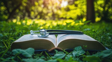 Open book with stethoscope in nature. Represents natural healing, holistic medicine, or medical research in nature.