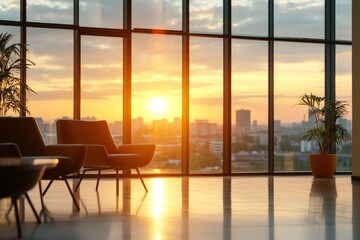 Elegant sunset view from modern office interior with stylish seating and panoramic windows