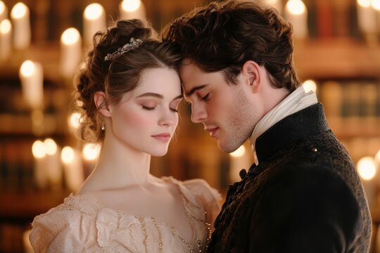 Romantic couple sharing an intimate moment in elegant 19th-century attire, surrounded by vintage books and soft candlelight creating a dreamy atmosphere