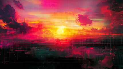 Cyberpunk Sunset: A vibrant, stylized cityscape at sunset, bathed in neon hues of pink, orange, and purple.