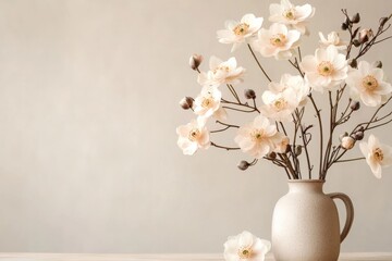Elegant arrangement of soft pink flowers in a neutral vase against a light background