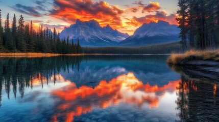 A stunning sunset over a mountain lake, with the fiery sky mirrored in the crystal-clear waters, framed by towering peaks and sparse vegetation on the shore 