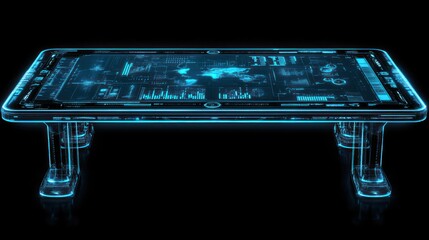 Futuristic transparent table with holographic display showing data.