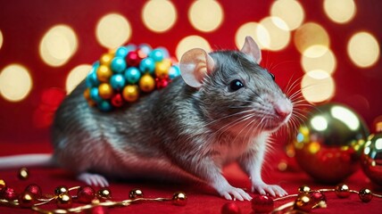 Colored rat on a red background. Mouse among Christmas balls. Pet in a Santa hat. Bokeh from blinking yellow lights of a festive garland. New Year concept.