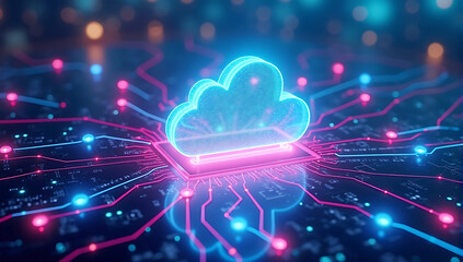 Futuristic network of cloud computing and blockchain technology, holographic cloud icon, neon blue and pink network connections, digital circuit board landscape