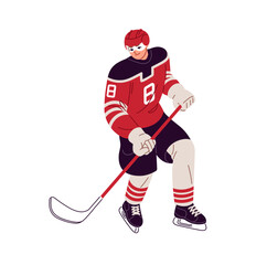 Ice hockey player in uniform skating with stick on rink. Professional sportsman of winter sport game in safety helmet plays in competition, match. Flat isolated vector illustration on white background