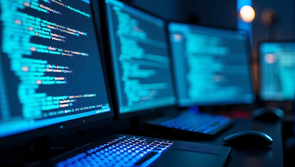 Innovative software engineering dynamic programming, Computer screens, programming code, dark room, neon blue glow, software development