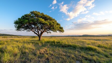 Solitary tree in a vast savannah at sunset.