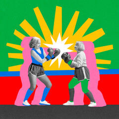 Two elderly women wearing boxing gloves and playfully sparring against abstract colorful background. Contemporary art collage. Concept of active elderly lifestyle, health care, wellness. Pop art