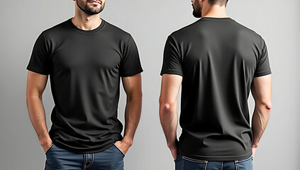 Modern plain black t-shirt mockup template in photo studio, front and back view, male torso, plain design