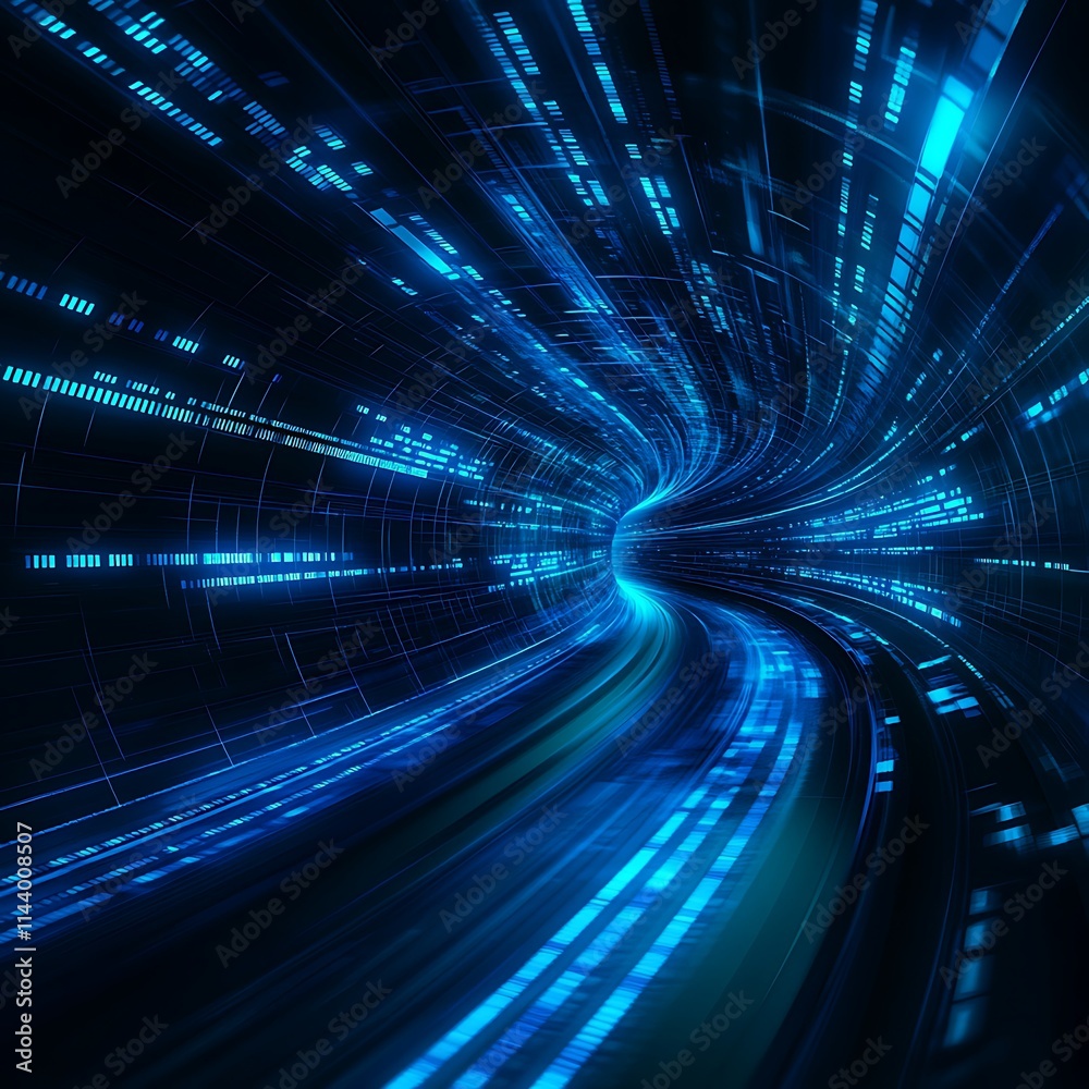 Poster dynamic blue light stream with abstract patterns for futuristic background or technology concept