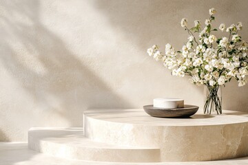 Elegant interior design featuring a minimalist table setup with flowers and a decorative bowl in soft lighting