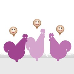 Three stylized roosters, each in varying shades of purple, stand on a simple background with smiley faces above them. 