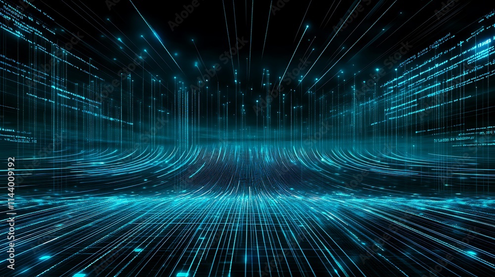 Poster futuristic abstract digital space with lines of light and flowing data patterns in blue
