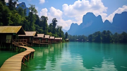 Obraz premium Breathtaking view of the picturesque Cheow Lan Lake with its floating bungalow accommodations nestled in the lush tropical landscape of Khao Sok National Park