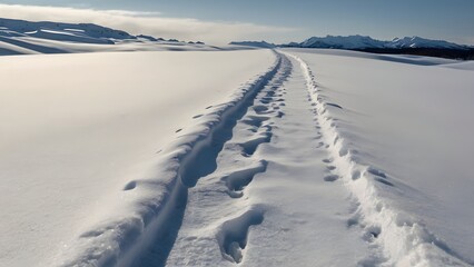 snowy path with a single line of footprints, untouched snow on either side, soft overcast light, minimalist 
