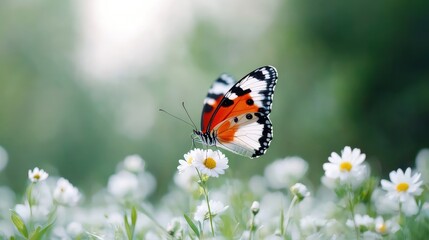 Obraz premium Colorful butterfly on white daisies.