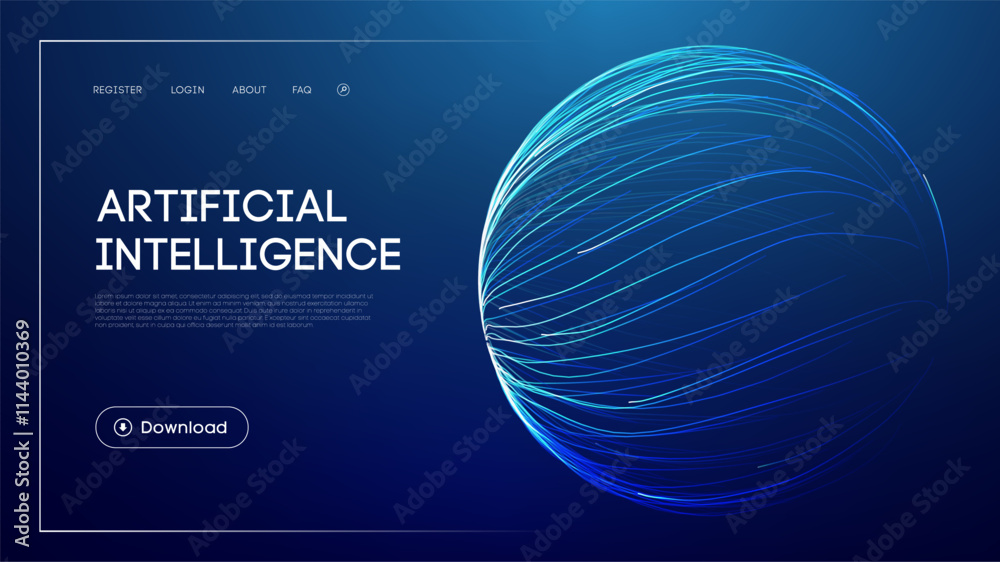 Poster digital abstract sphere with flowing lines illustrating artificial intelligence concepts