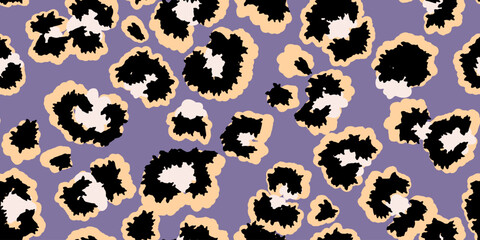 Colorful leopard-inspired seamless pattern with bold spots outlined on a purple violet background. Unique abstract animal  print ornament for fashion design, modern decor,  artistic branding projects.