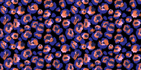 Vivid leopard-inspired pattern with abstract spots in orange, purple, and pink shades on a black background. Bold, modern design animal print perfect for fashion, textiles, artistic branding projects.
