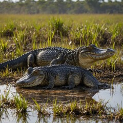 Fototapeta premium A pair of spectacled caimans resting in a marsh with a rainbow in the background.