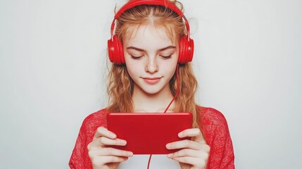Girl with red headphones using tablet.